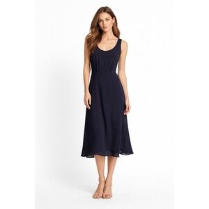 Tory Burch Navy Blue 100% Silk Braided Trim‎ Sleeveless Midi Dress Size 2